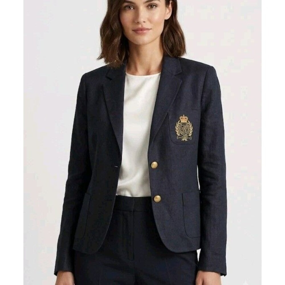 Lauren Ralph Lauren Women's Blazer 16 Black 100% Linen Embroidered Crest Gold